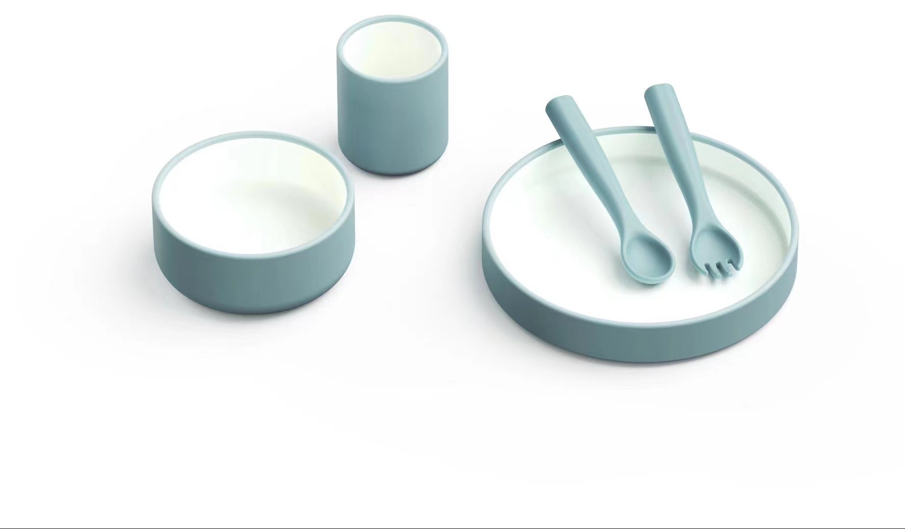mais recente caso da empresa sobre Grupos de alimentação do bebê duplo do silicone da cor que incluem a cutelaria e o copo da bacia do silicone da placa do silicone