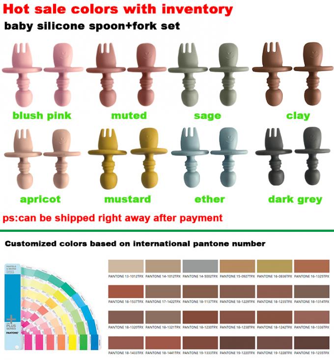 A alimentação por atacado do bebê ajustou a colher infantil do treinamento do bebê com o saco de Opp do silicone do silicone do produto comestível da forquilha/60g/set de empacotamento personalizado