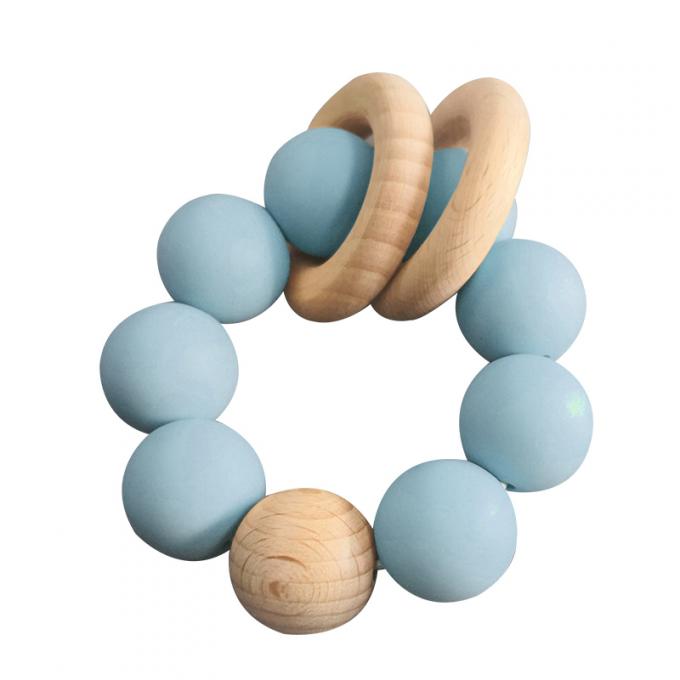 Teether feito sob encomenda do bebê do silicone dos brinquedos dos grânulos do silicone com o bracelete 2 de madeira