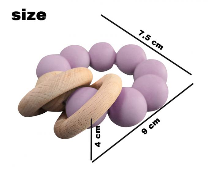 Teether feito sob encomenda do bebê do silicone dos brinquedos dos grânulos do silicone com o bracelete 2 de madeira