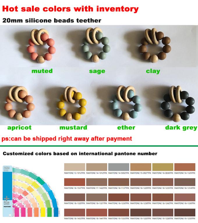 Teether feito sob encomenda do bebê do silicone dos brinquedos dos grânulos do silicone com o bracelete 2 de madeira