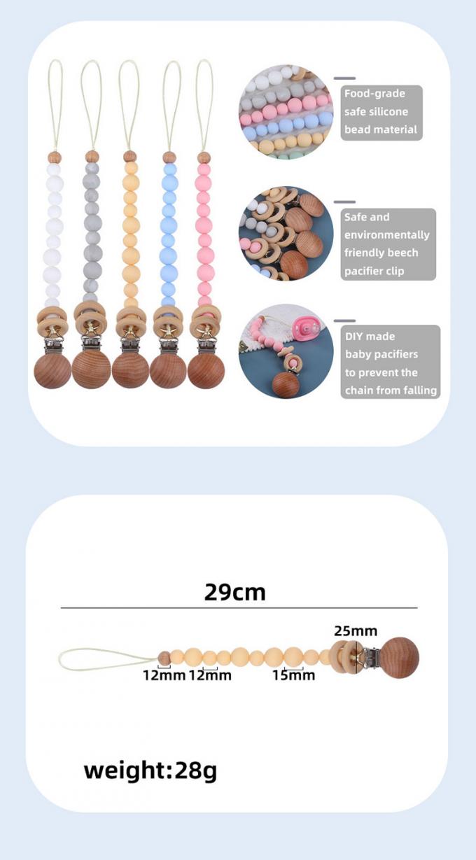 Prevenção de madeira da corrente da chupeta do bebê do manequim do grânulo do silicone Eco-amigável por atacado do bebê com anel de madeira