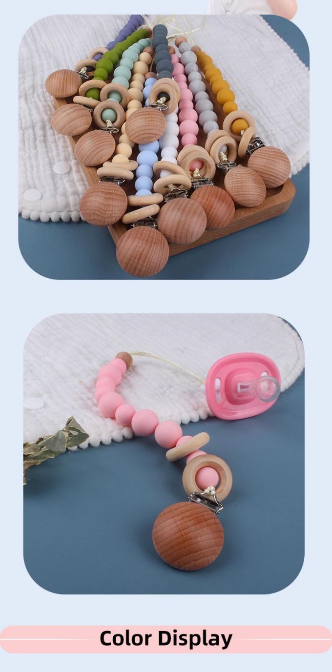 Prevenção de madeira da corrente da chupeta do bebê do manequim do grânulo do silicone Eco-amigável por atacado do bebê com anel de madeira