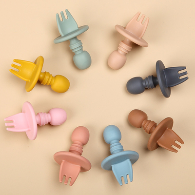 FDA LFGB BPA Approved Silicone Cutlery Set Baby Training Spoon Fork Round Handle Soft Scoop